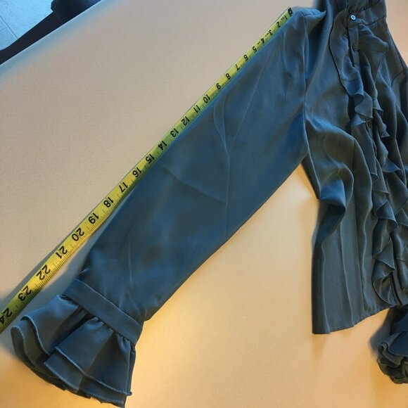 Sheer Feminine Blouse Teal Blue Medium Romantic Regal Ruffle - Picture 14 of 16